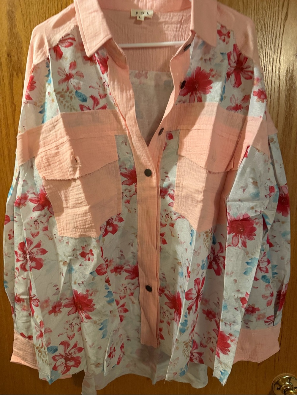 POL Pink Floral Button-Down Shirt Jacket with Red & Blue Accents